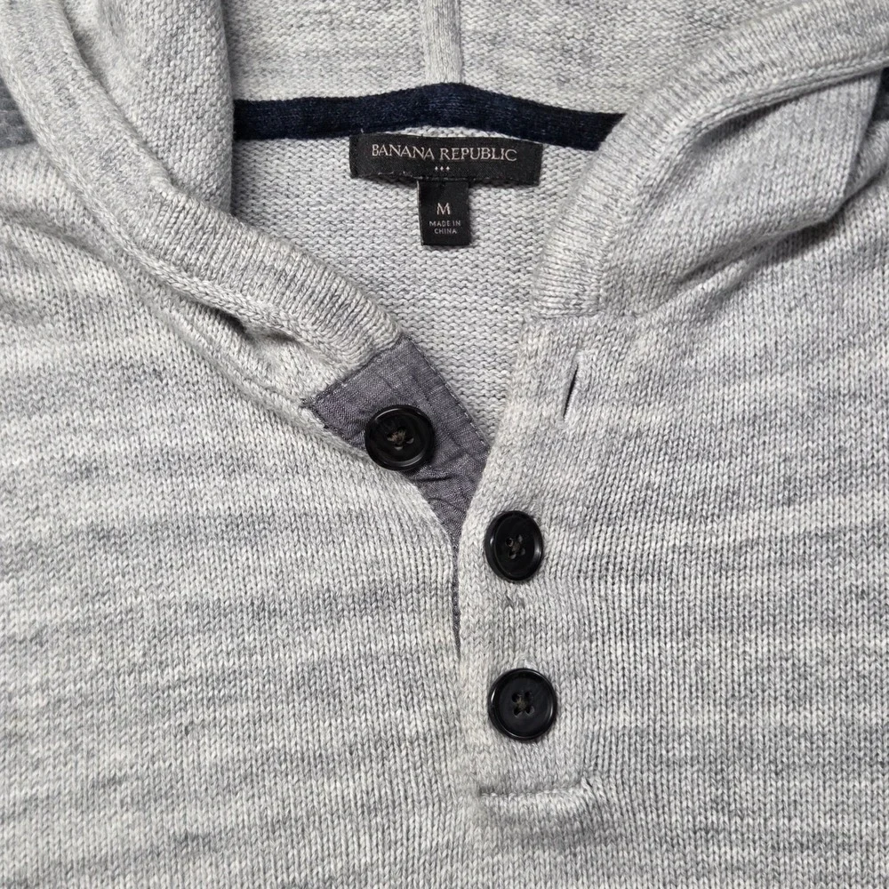 Banana Republic Mens Gray Cotton Knit Henley Hoodie Sweater Size M Pocketed